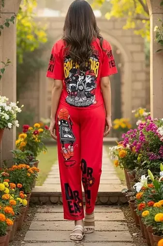 Red poly cotton blend multi colour sporty free size co ord set