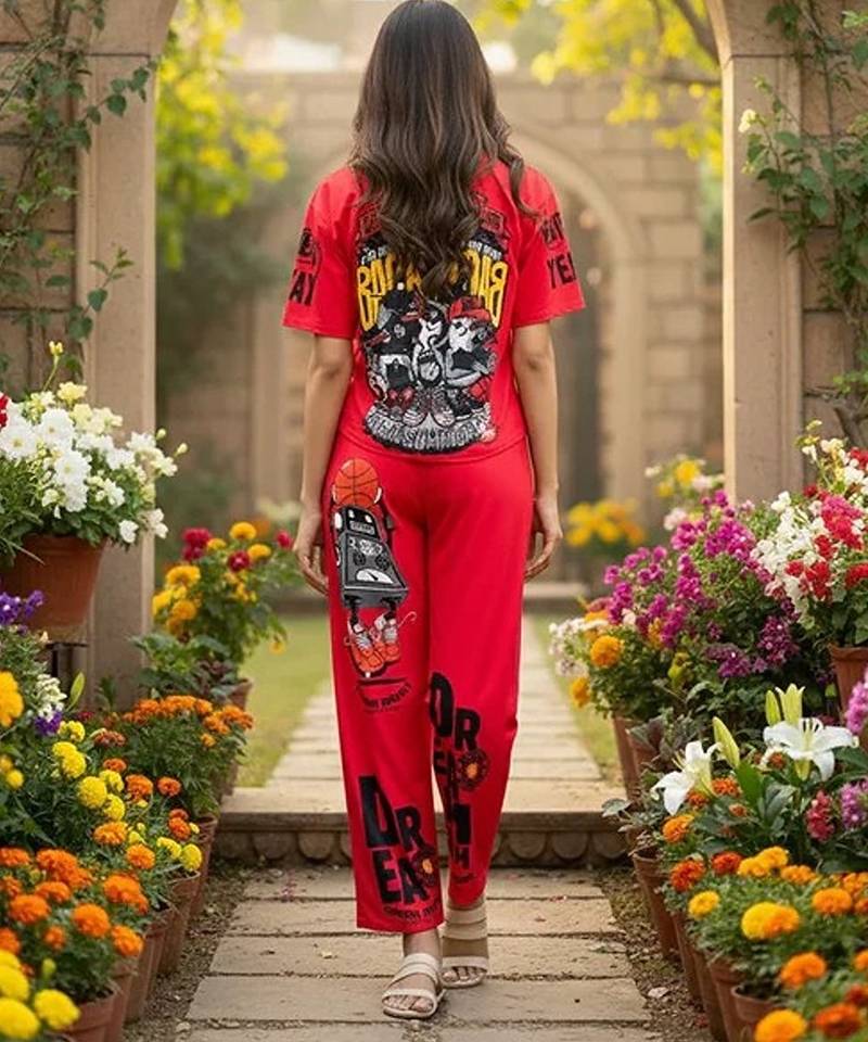 Red poly cotton blend multi colour sporty free size co ord set