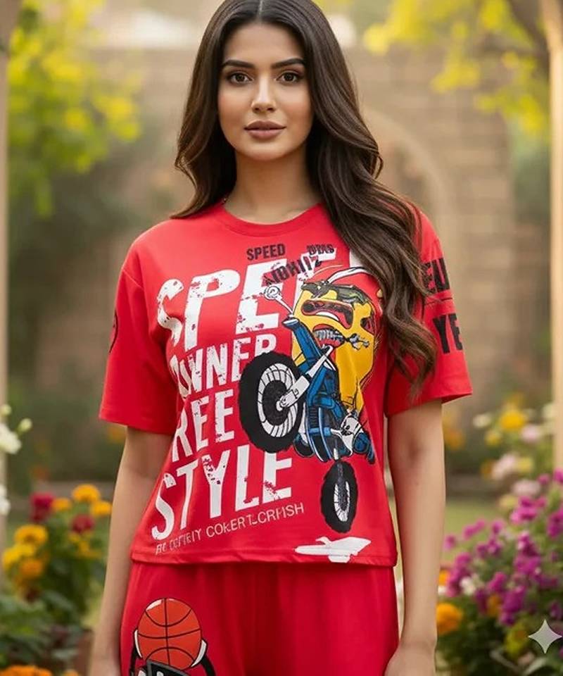 Red poly cotton blend multi colour sporty free size co ord set