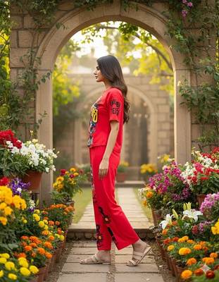 Red poly cotton blend multi colour sporty free size co ord set 5