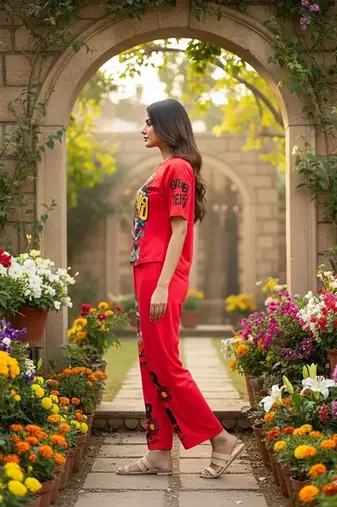 Red poly cotton blend multi colour sporty free size co ord set