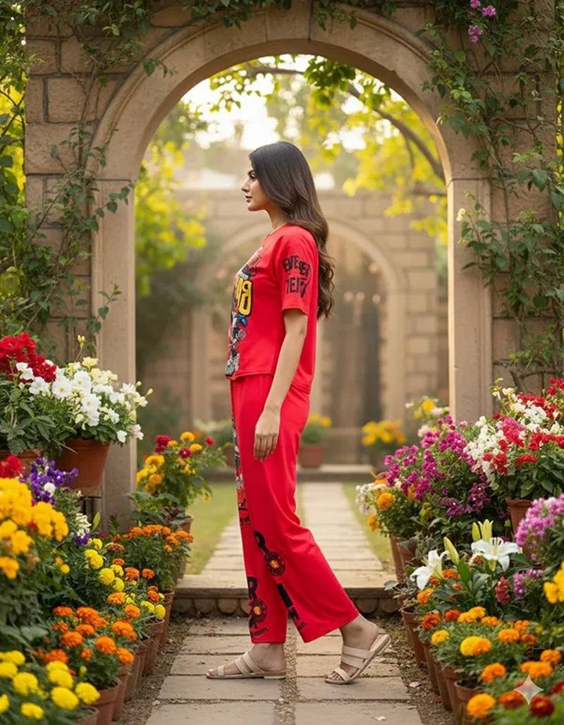 Red poly cotton blend multi colour sporty free size co ord set