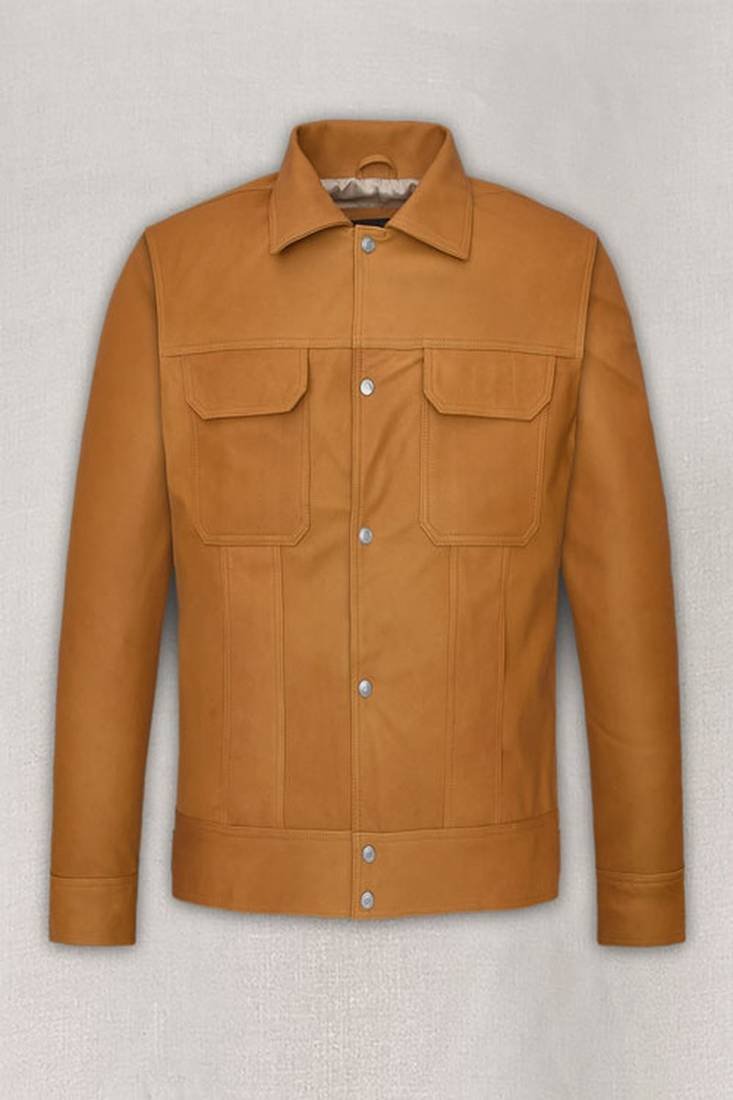 Men's mustard soft lambskin leather trucker jacket