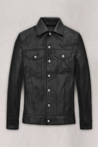 Men’s black genuine leather jacket – classic trucker style button-up slim fit coat