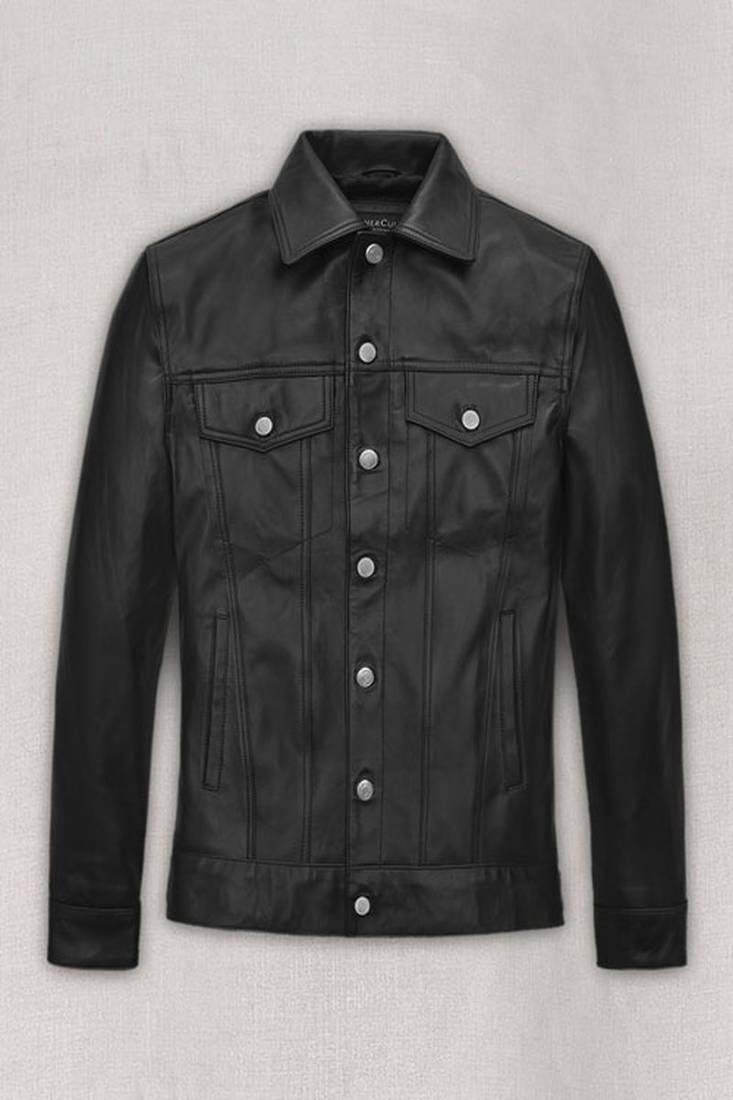 Men’s black genuine leather jacket – classic trucker style button-up slim fit coat