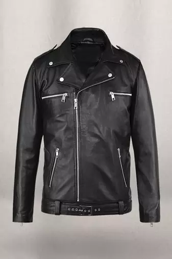 Men’s black leather biker jacket – classic asymmetrical moto jacket with belt