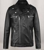 Men’s black leather biker jacket – classic asymmetrical moto jacket with belt