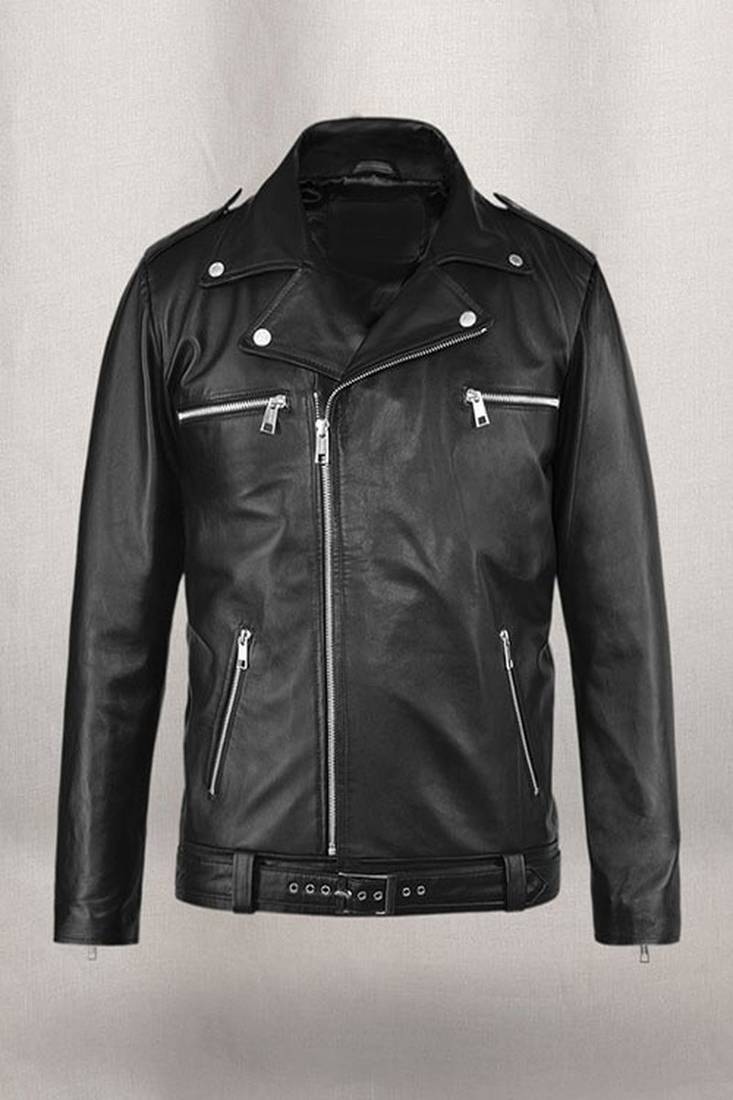 Men’s black leather biker jacket – classic asymmetrical moto jacket with belt