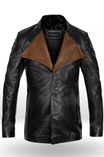 Men’s premium black leather jacket – trucker style button front coat
