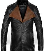 Men’s premium black leather jacket – trucker style button front coat