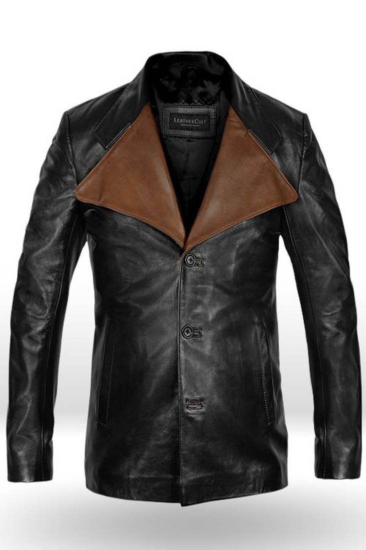 Men’s premium black leather jacket – trucker style button front coat