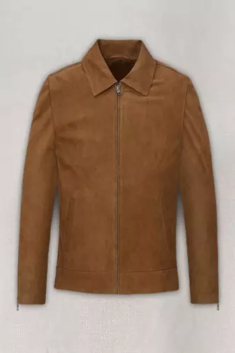 Men’s tan brown suede  leather jacket – minimalist zip-up casual slim fit coat