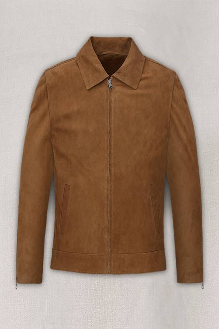 Men’s tan brown suede  leather jacket – minimalist zip-up casual slim fit coat