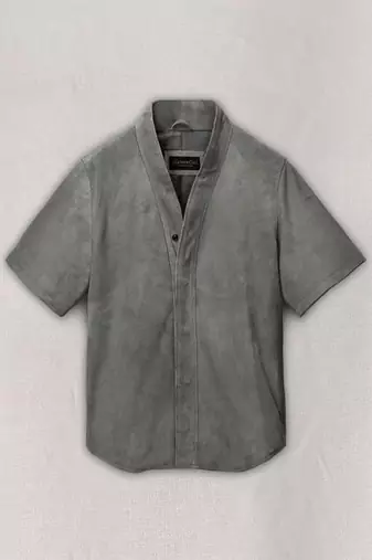 Men’s gray leather shirt – stylish button-up casual slim fit coat