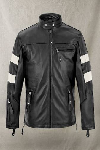 Men’s black & white leather biker jacket – slim fit racer stripe design