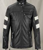 Men’s black & white leather biker jacket – slim fit racer stripe design