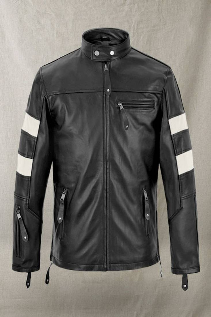 Men’s black & white leather biker jacket – slim fit racer stripe design