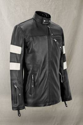men's black and white lambskin leather biker jacket classic moto 3