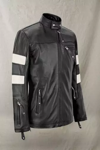 men's black and white lambskin leather biker jacket classic moto