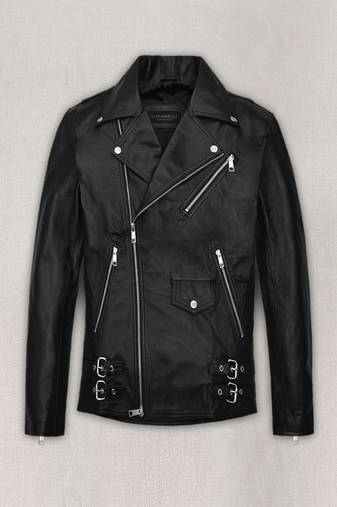 Men’s black genuine leather jacket – biker style asymmetrical zip with belt
