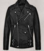 Men’s black genuine leather jacket – biker style asymmetrical zip with belt