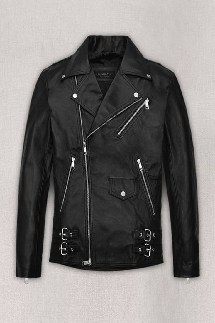 Men’s black genuine leather jacket – biker style asymmetrical zip with belt