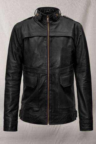 Men’s genuine leather jacket black  – slim fit stand collar cafe racer style