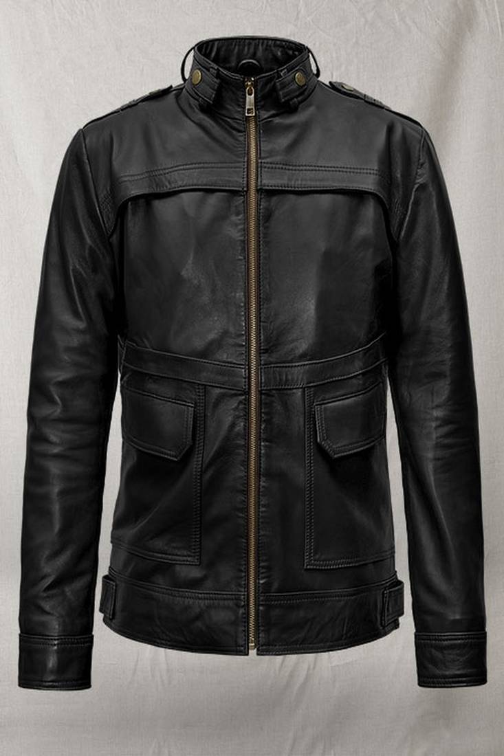 Men’s genuine leather jacket black  – slim fit stand collar cafe racer style