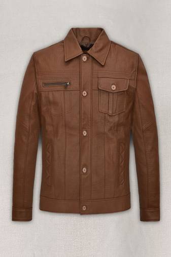 men’s brown leather shirt jacket – trucker style button-up casual coat