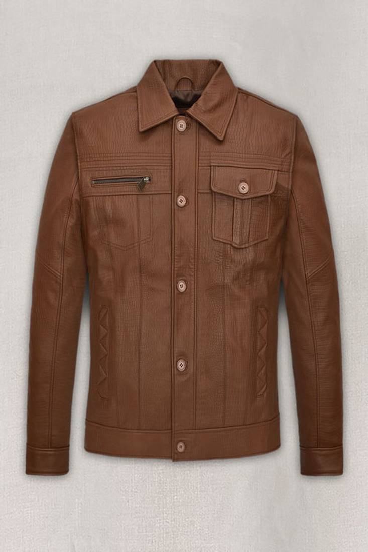men’s brown leather shirt jacket – trucker style button-up casual coat