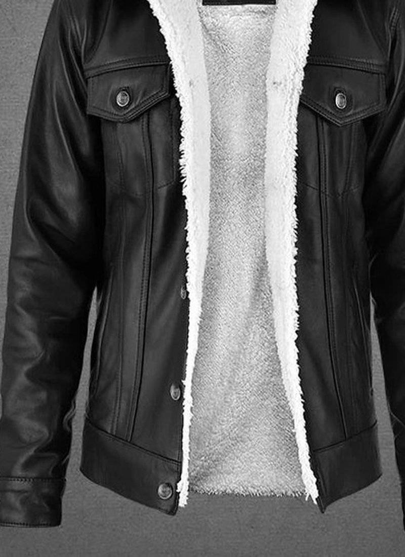 Men’s leather sherpa jacket  black & white – warm fleece lined winter coat, classic stylish outerwear
