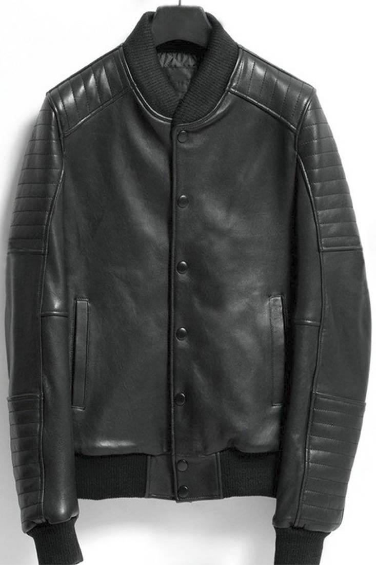 men’s black leather jacket – bomber fit trucker button front outerwear