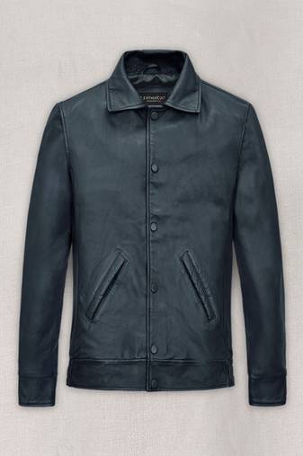 men's blue lambskin leather bomber jacket classic button front style