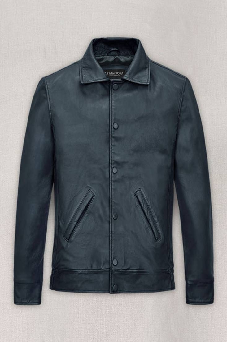 men’s blue leather jacket – bomber fit trucker button front outerwear