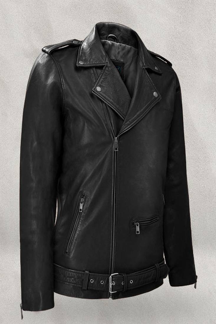 Men’s black  genuine leather jacket – casual style with zipper   detail