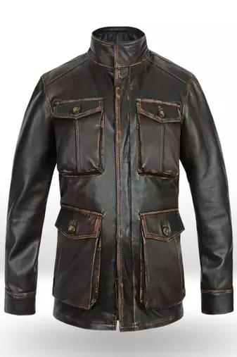 Men’s dark brown genuine leather jacket – slim fit stand collar cafe racer style with four pokets