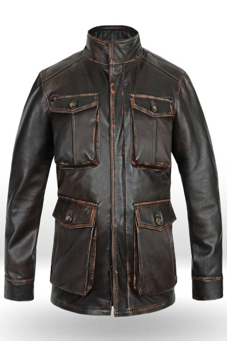 Men’s dark brown genuine leather jacket – slim fit stand collar cafe racer style with four pokets