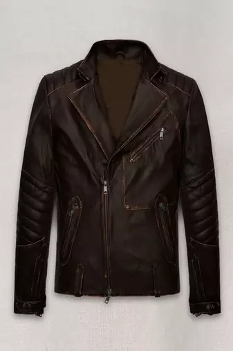 Men’s brown leather motorcycle jacket – classic moto biker with waist belt