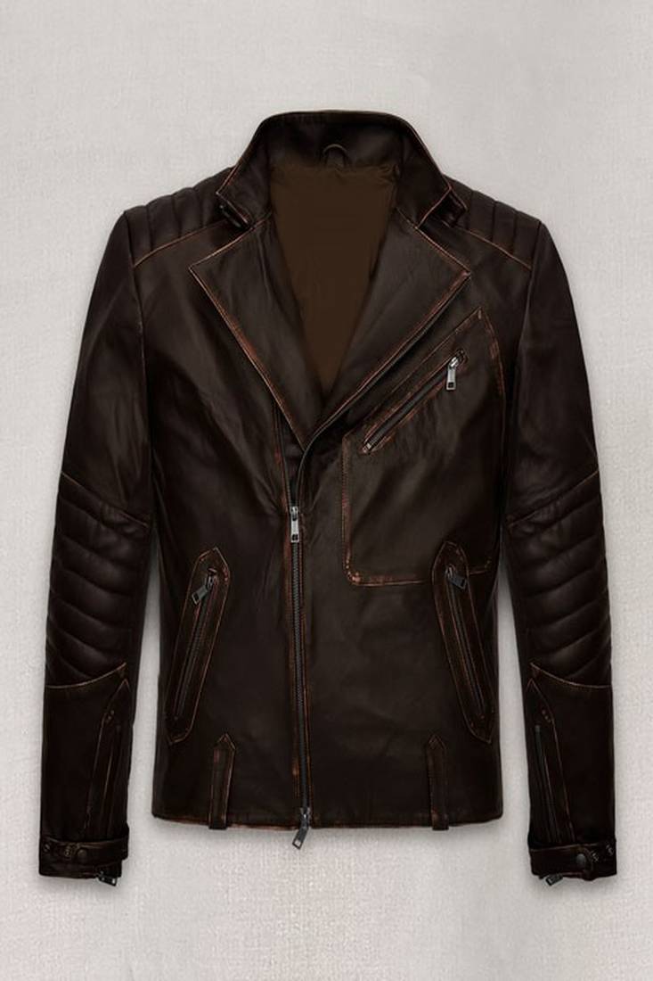 Men’s brown leather motorcycle jacket – classic moto biker with waist belt