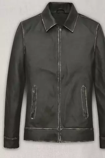 Men’s green  genuine leather jacket – slim fit stand collar cafe racer style