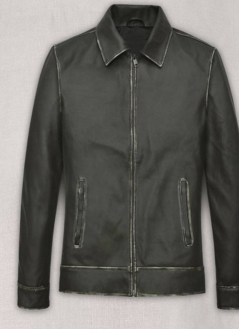 Men’s green  genuine leather jacket – slim fit stand collar cafe racer style