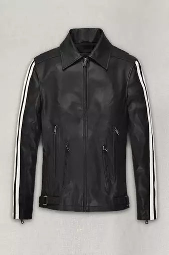 Men’s black & white leather biker jacket – slim fit racer stripe design