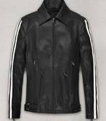 Men’s black & white leather biker jacket – slim fit racer stripe design