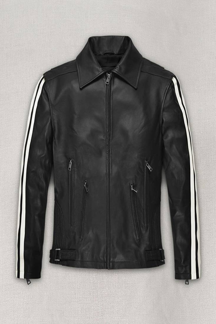 Men’s black & white leather biker jacket – slim fit racer stripe design