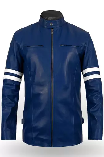 Men’s blue & white leather biker jacket – slim fit racer stripe design