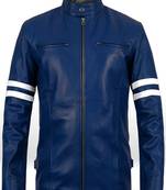 Men’s blue & white leather biker jacket – slim fit racer stripe design