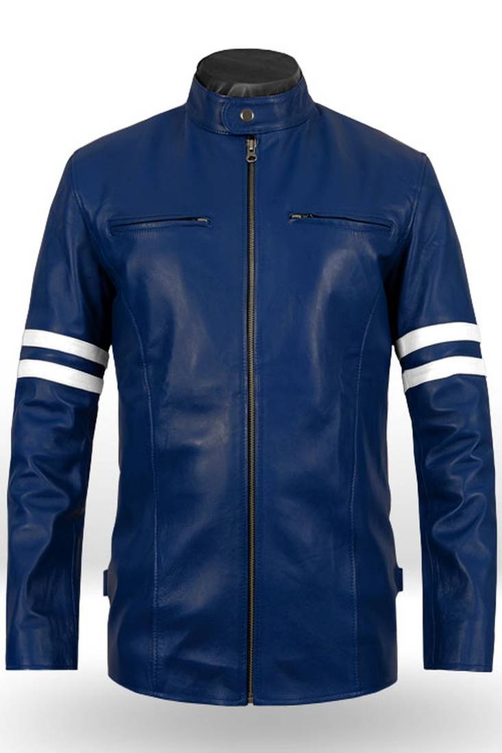 Men’s blue & white leather biker jacket – slim fit racer stripe design