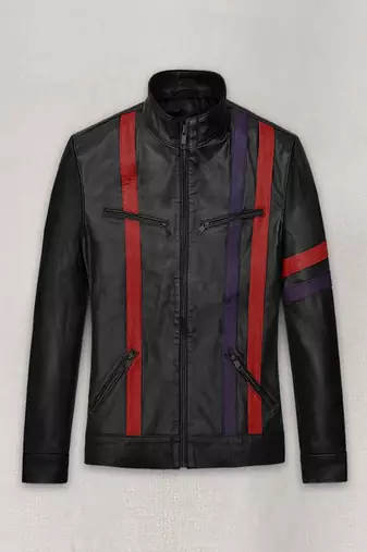 Men’s black & red  leather biker jacket – slim fit racer stripe design