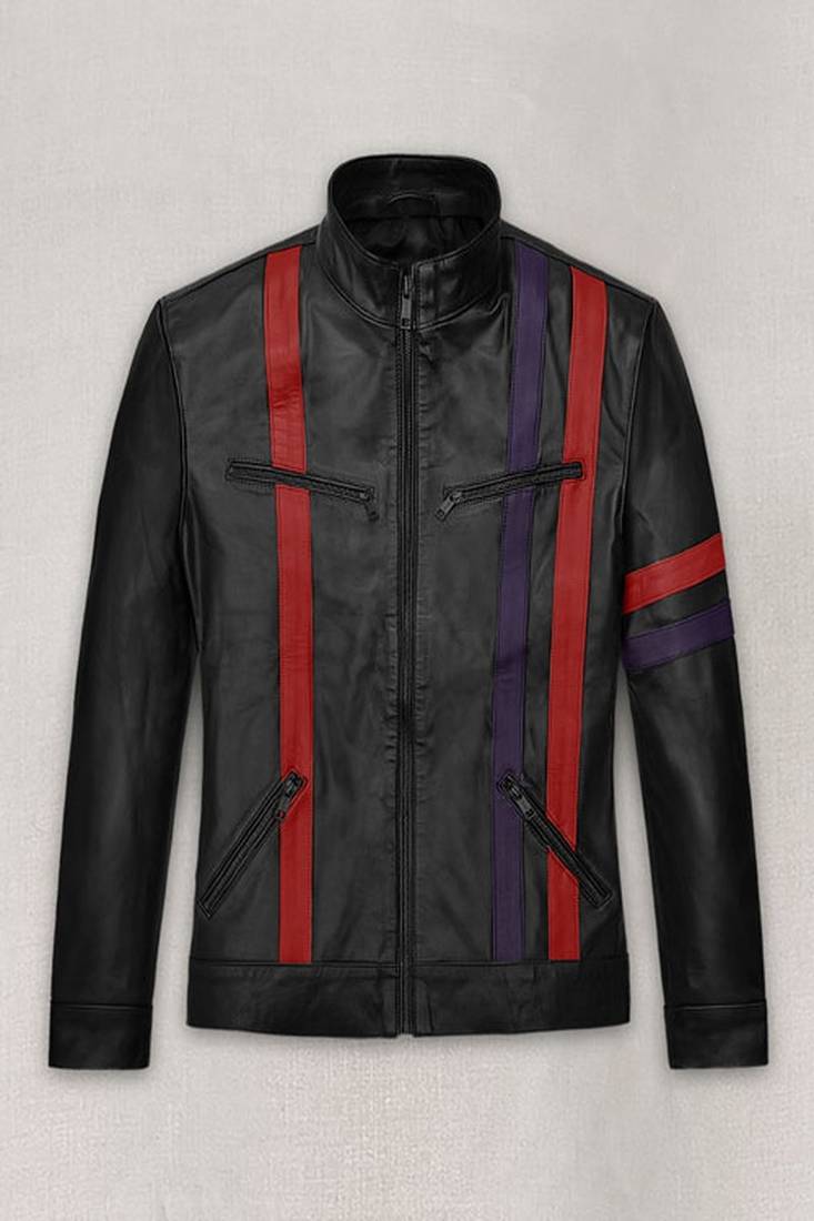 Men’s black & red  leather biker jacket – slim fit racer stripe design