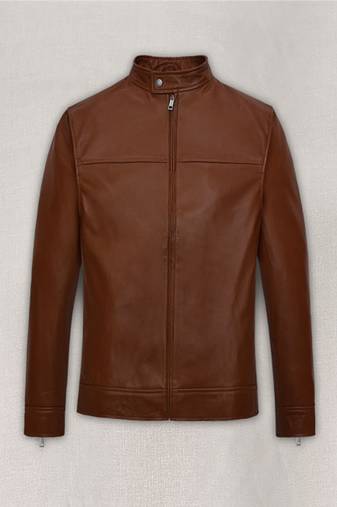 Men’s brown   genuine leather jacket – casual style with zipper   detail